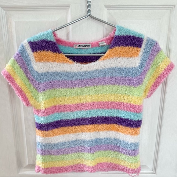 Christie Brooks Other - Vintage 90’s Y2K Christie Brooks Fuzzy Cropped Striped Sweater JUNIOR LG